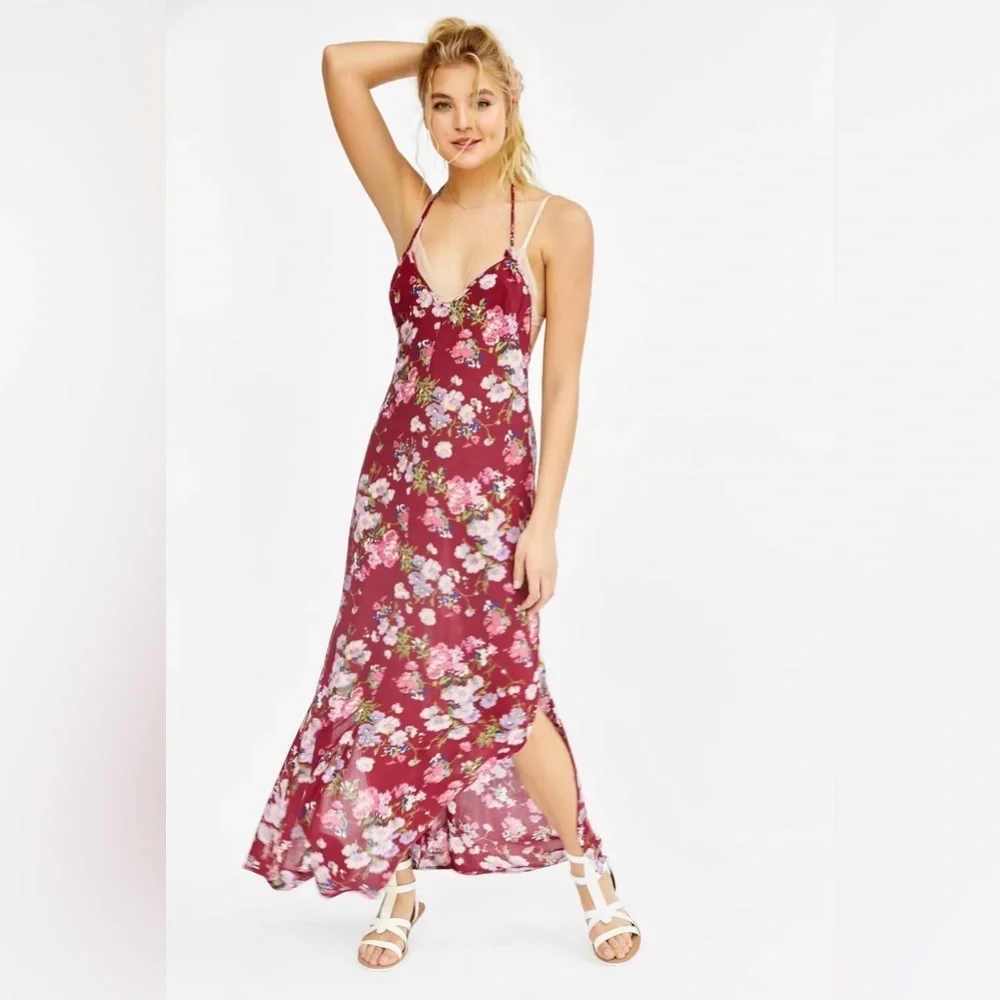 Urbn Urban Outfitters Band of Gypsies Burgundy Floral Print Halter Maxi Dress m - Picture 2 of 4